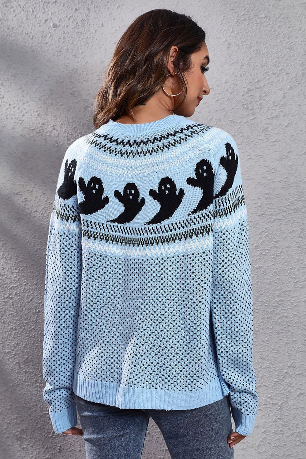 Ghost Pattern Round Neck Long Sleeve Sweater - Image 9