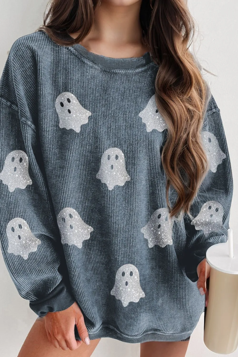Glitter Ghost Round Neck Long Sleeve Sweatshirt - Image 4