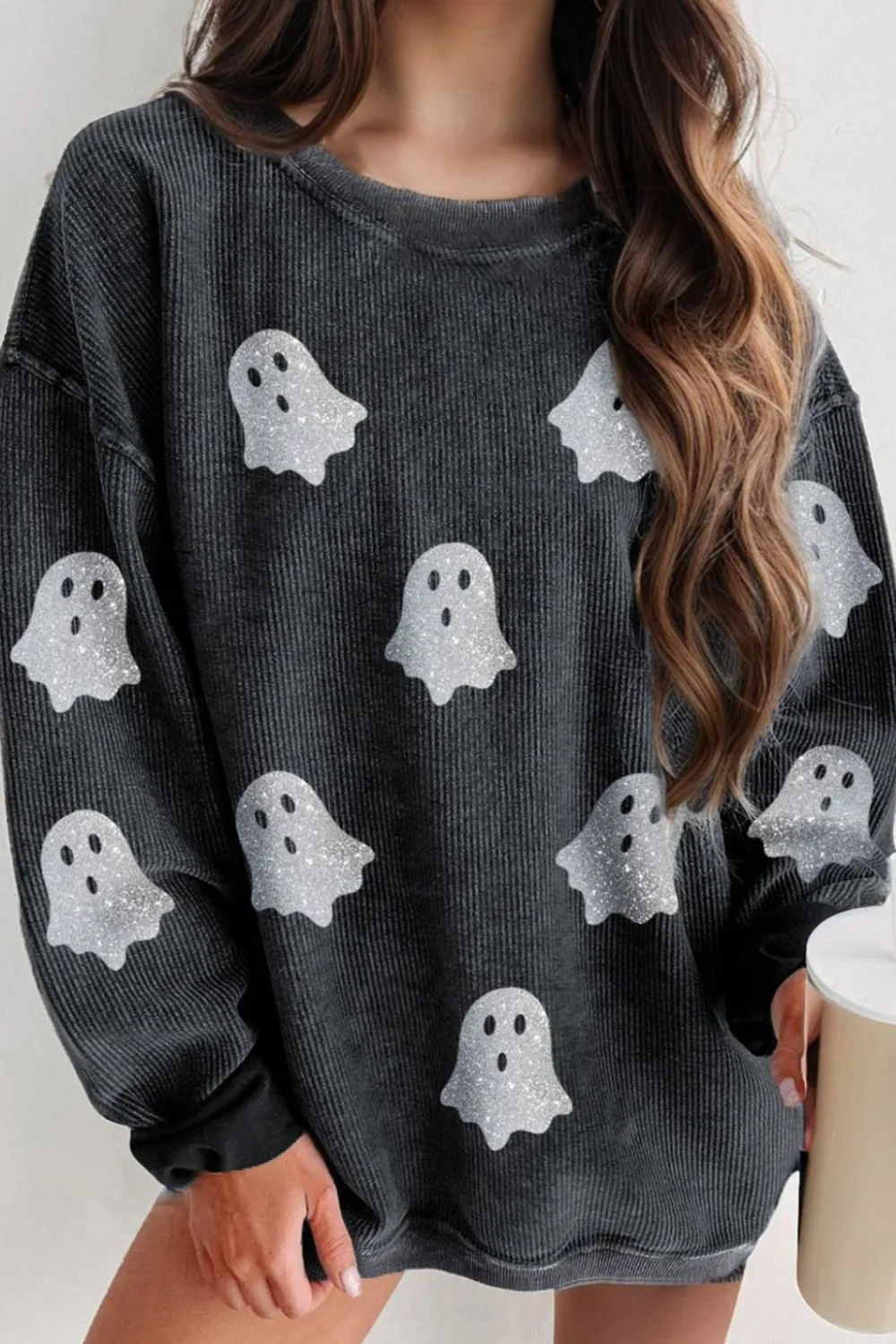 Glitter Ghost Round Neck Long Sleeve Sweatshirt - Image 7