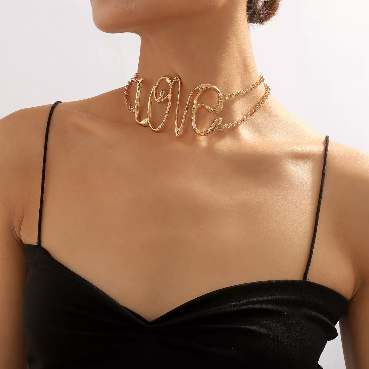 Gold Wire Love Script Statement Necklace - Image 2