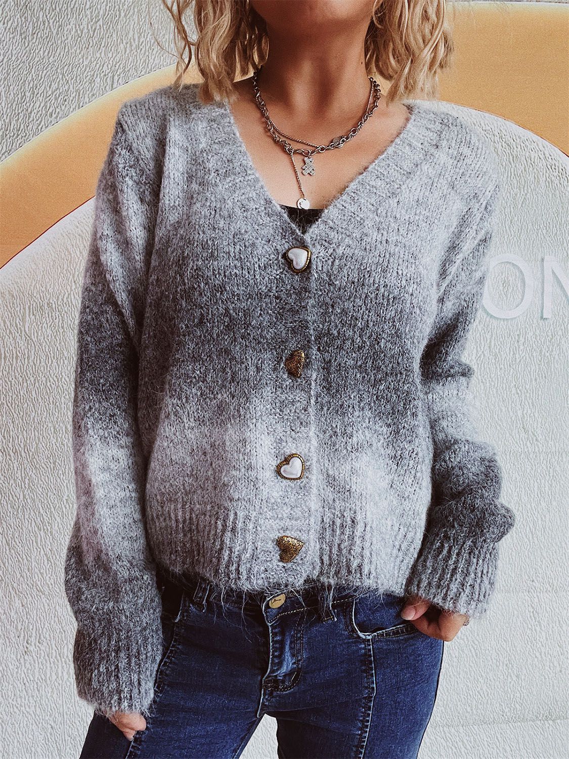 Gradient Heart Shape Button V-Neck Cardigan - Image 14
