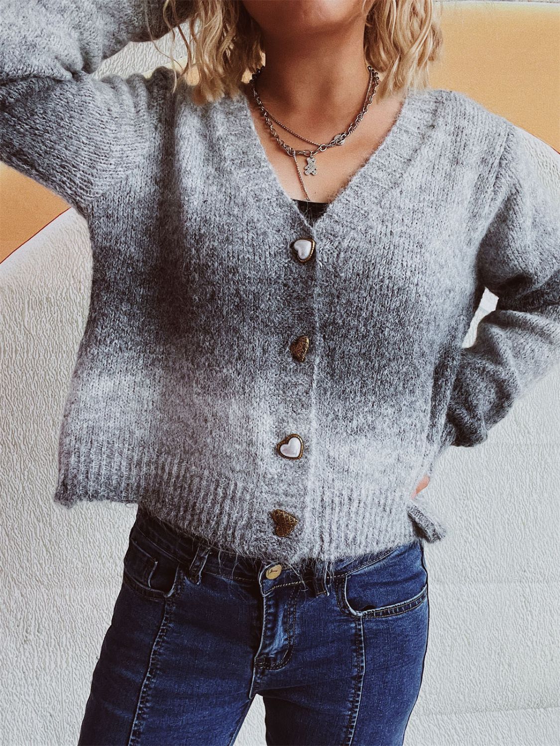 Gradient Heart Shape Button V-Neck Cardigan - Image 16