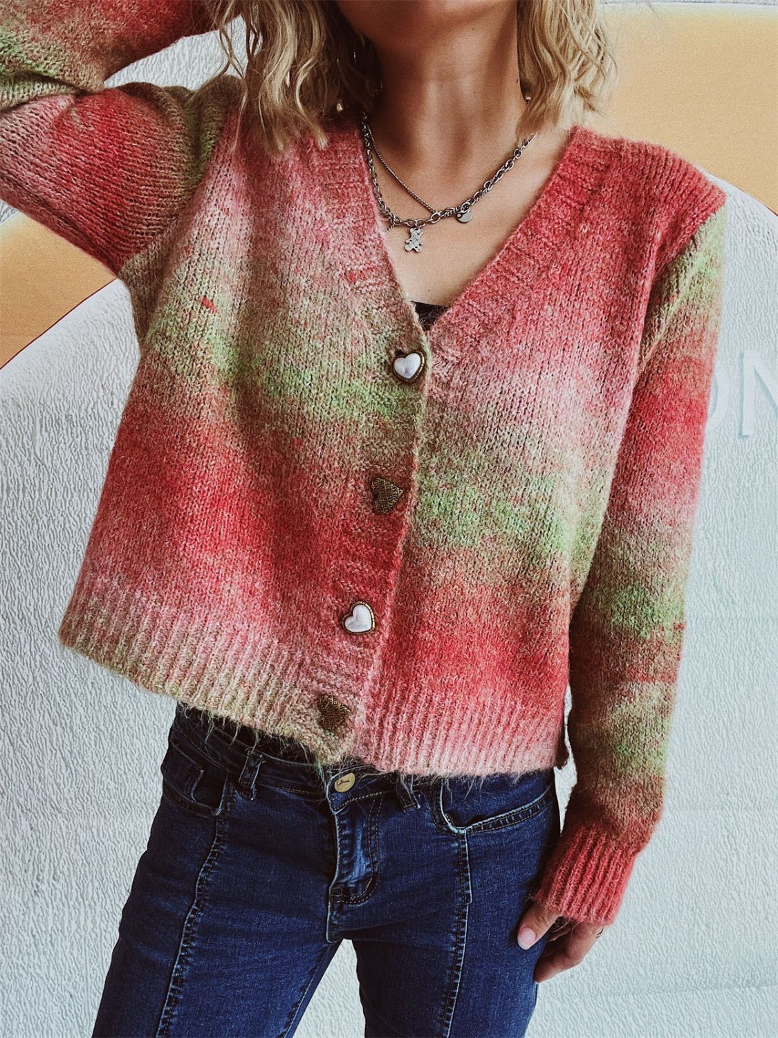Gradient Heart Shape Button V-Neck Cardigan - Image 2