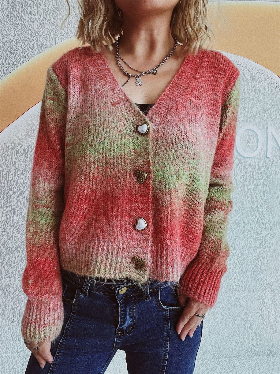 Gradient Heart Shape Button V-Neck Cardigan - Image 3