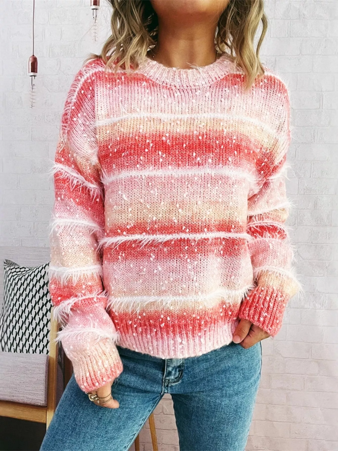 Gradient Striped Round Neck Sweater - Image 11