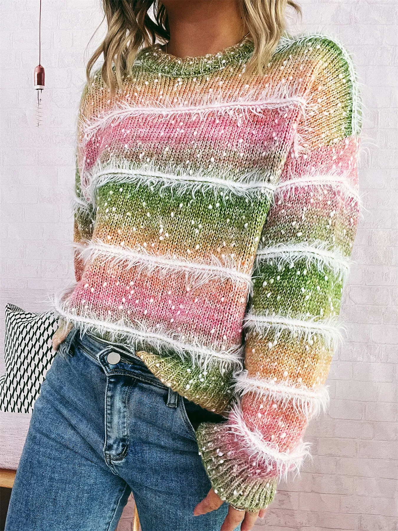 Gradient Striped Round Neck Sweater - Image 7