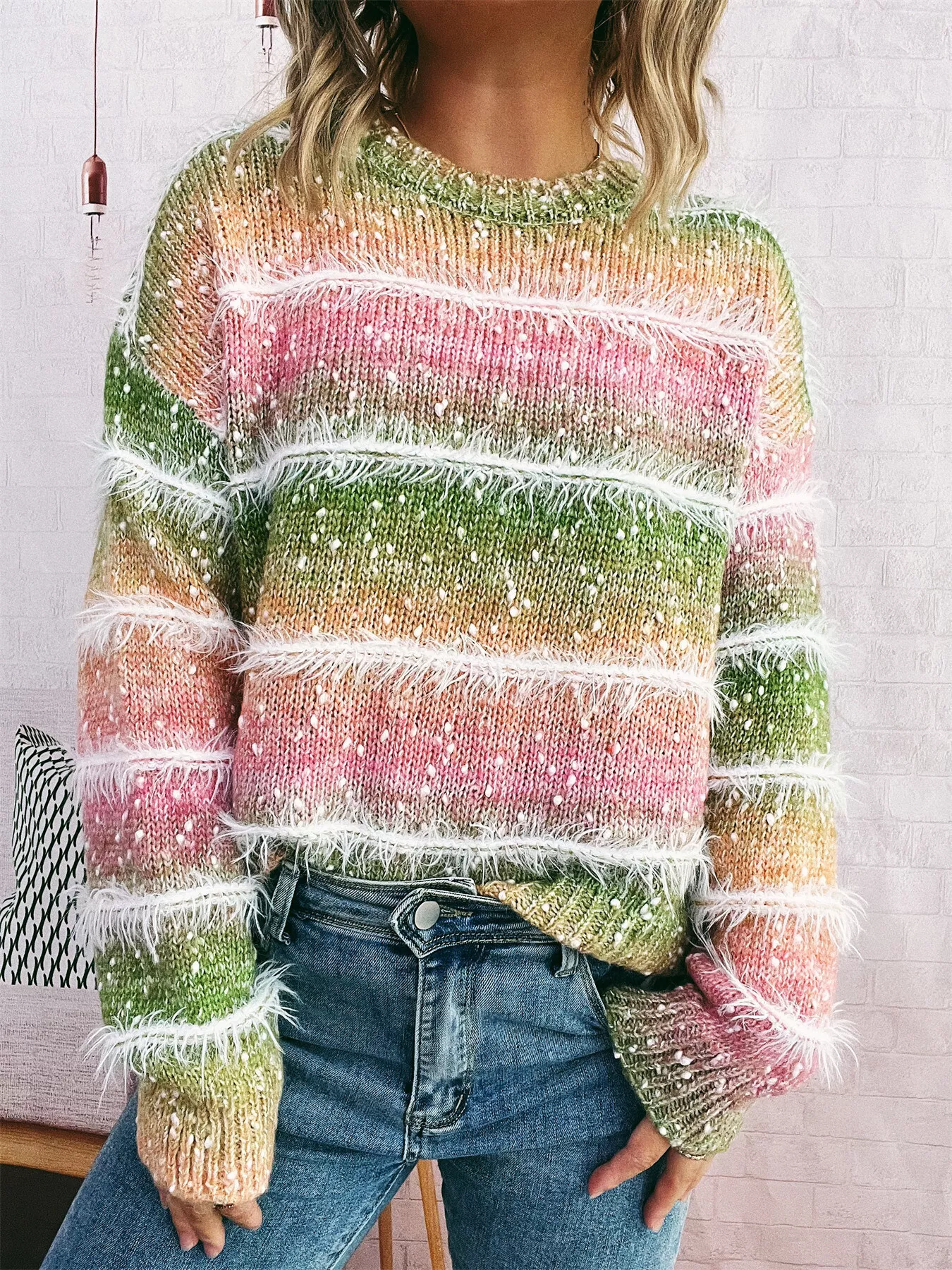 Gradient Striped Round Neck Sweater - Image 8