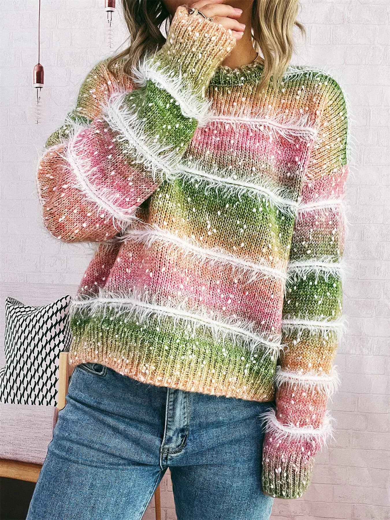 Gradient Striped Round Neck Sweater - Image 9