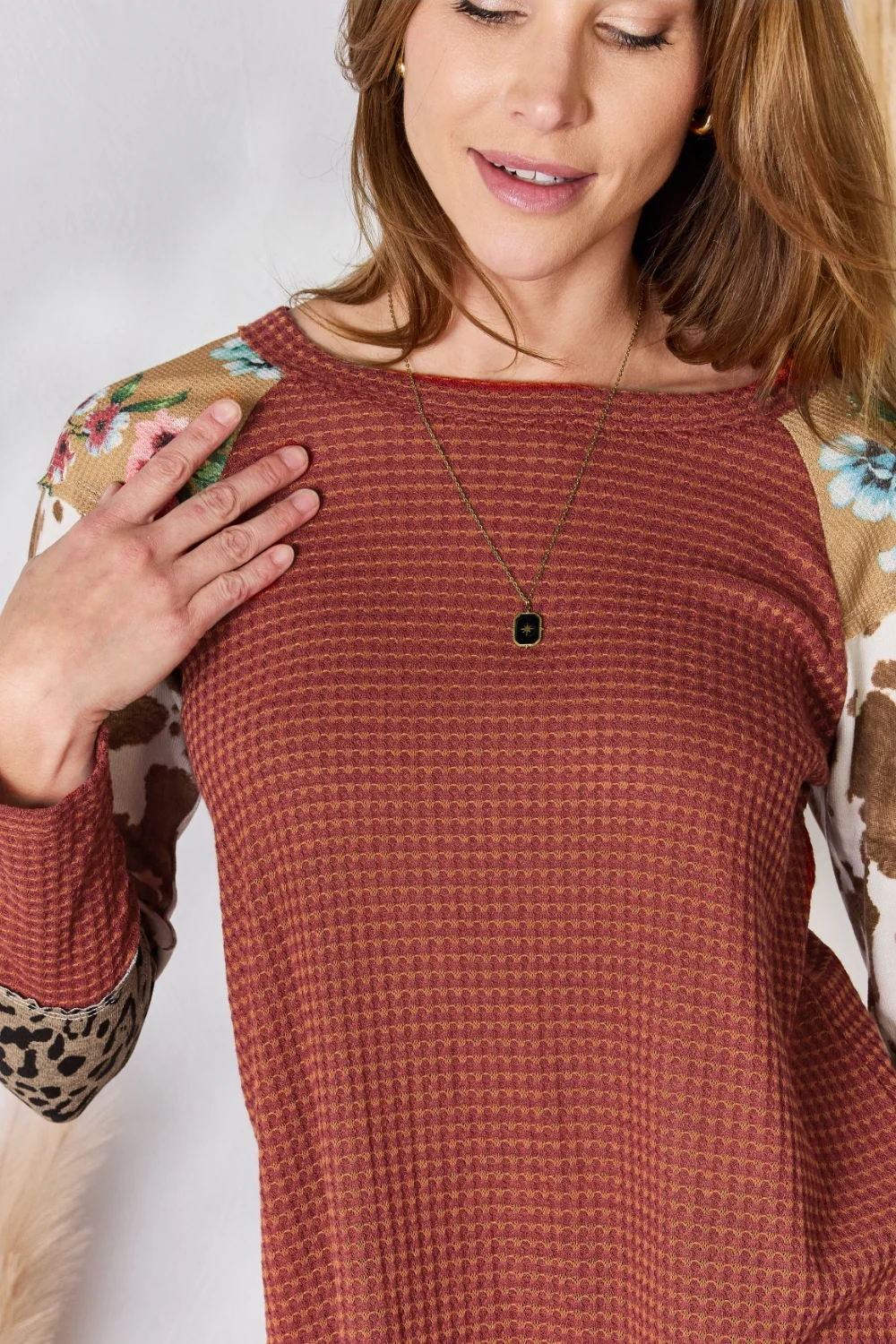 Hailey & Co Full Size Leopard Waffle-Knit Blouse - Image 12