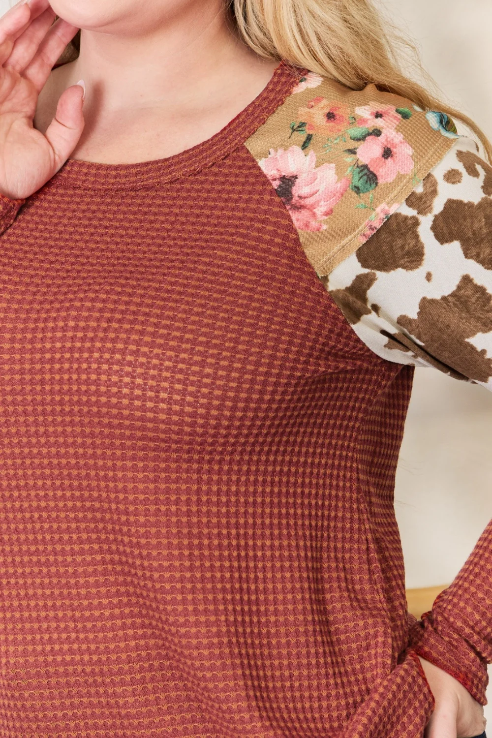 Hailey & Co Full Size Leopard Waffle-Knit Blouse - Image 6