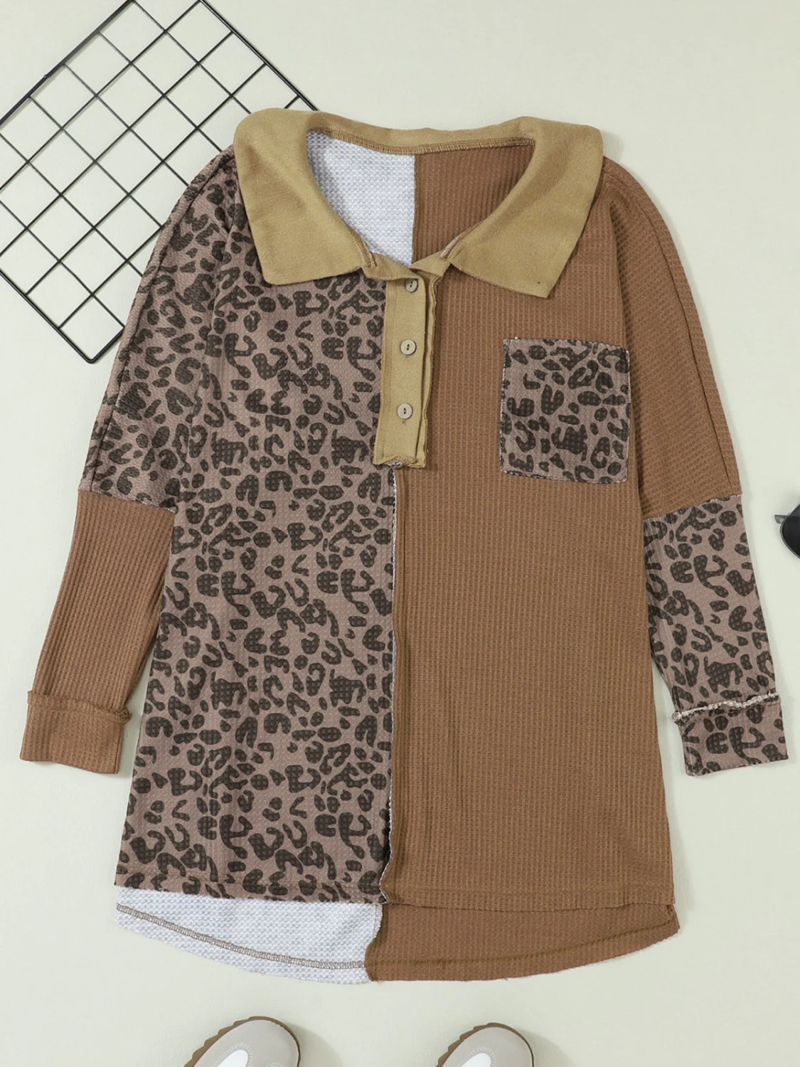 Half Button Leopard Collared Neck Blouse - Image 6