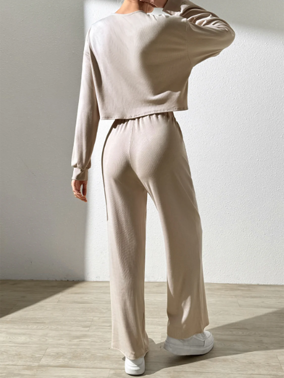 Half Button Long Sleeve Top and Pants Set - Image 2