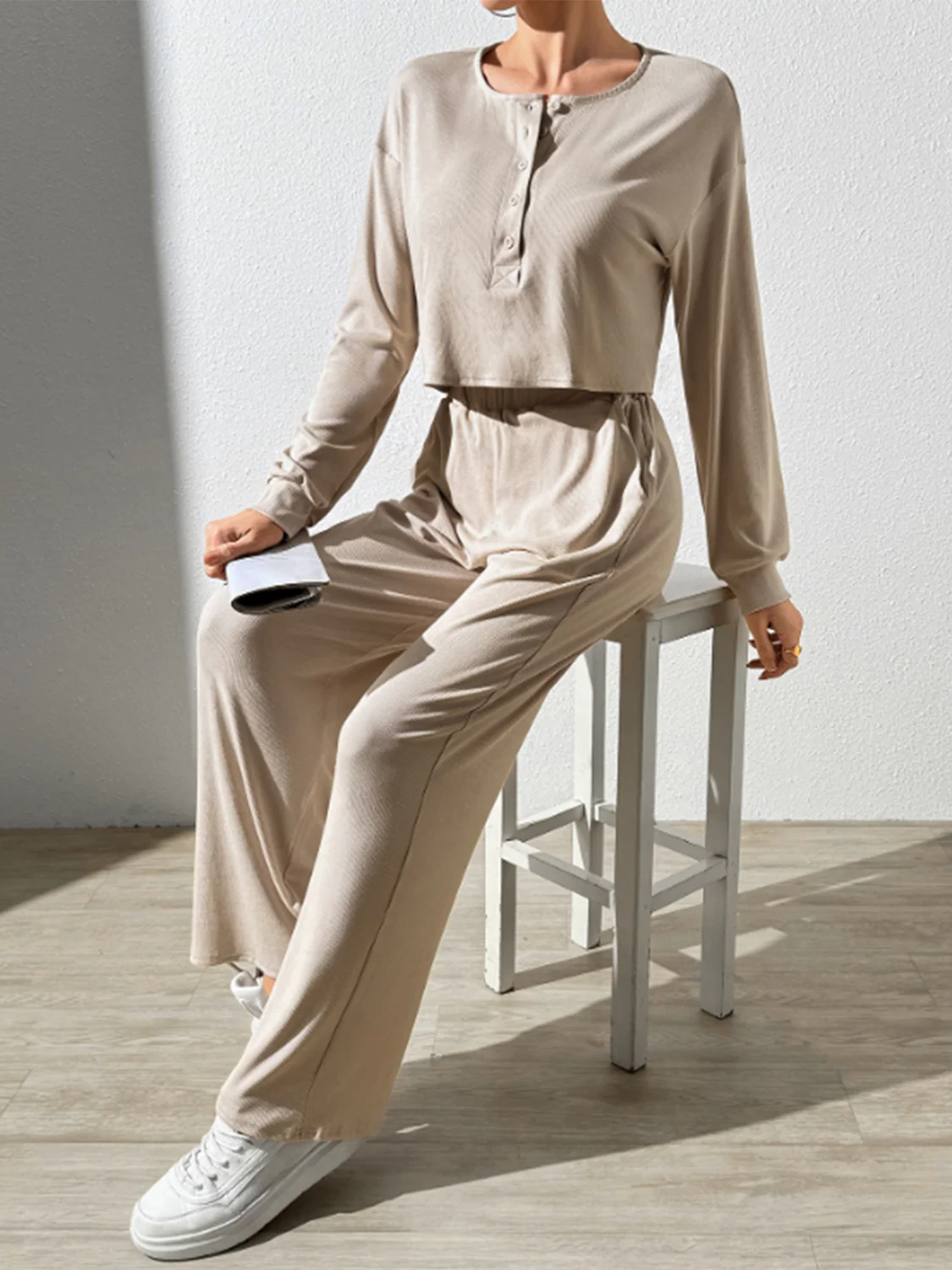 Half Button Long Sleeve Top and Pants Set - Image 5