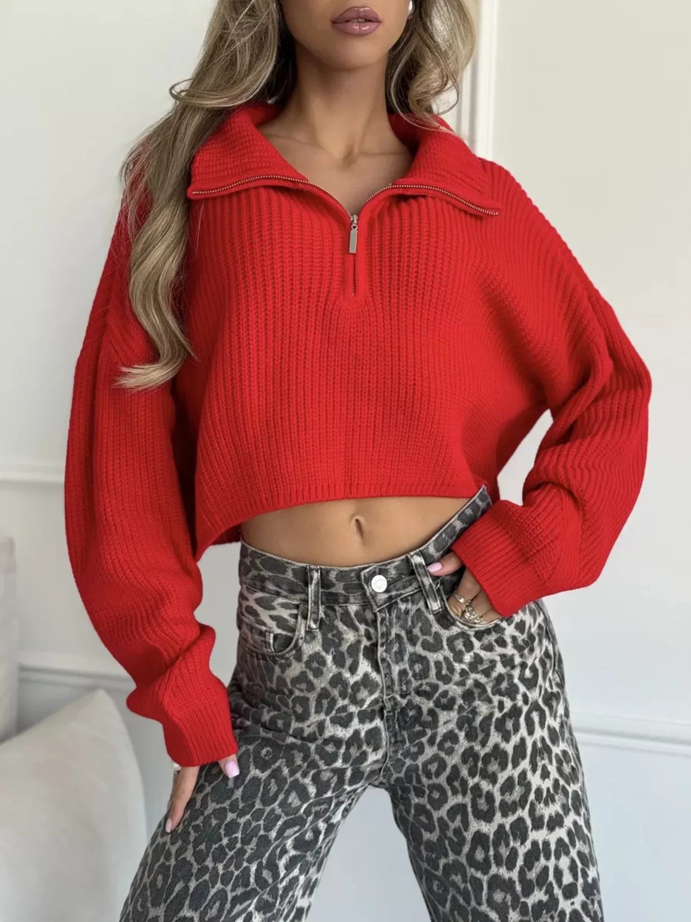 Half Zip Dropped Shoulder Sweater