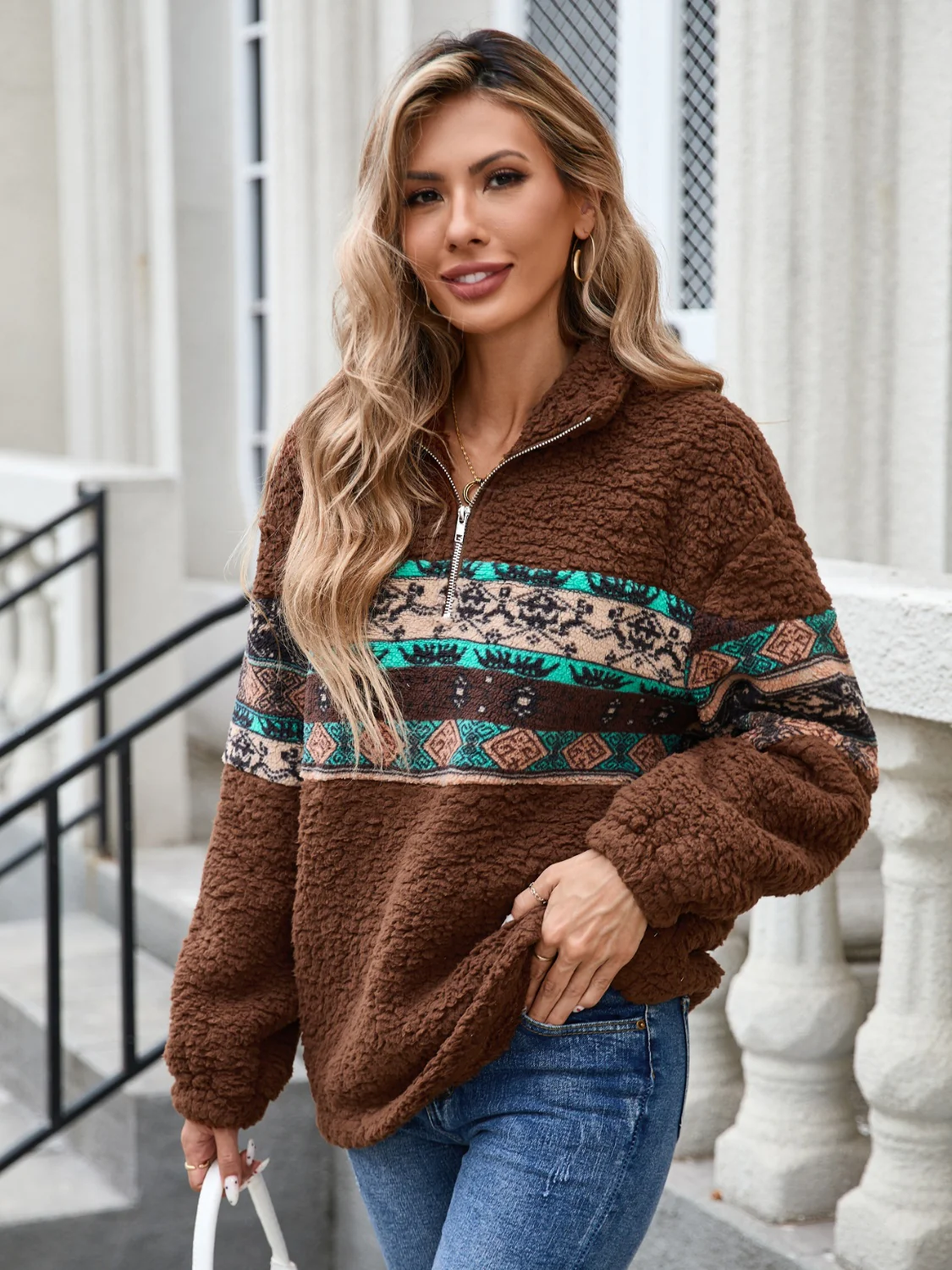 Half Zip Long Sleeve Fuzzy Top - Image 2