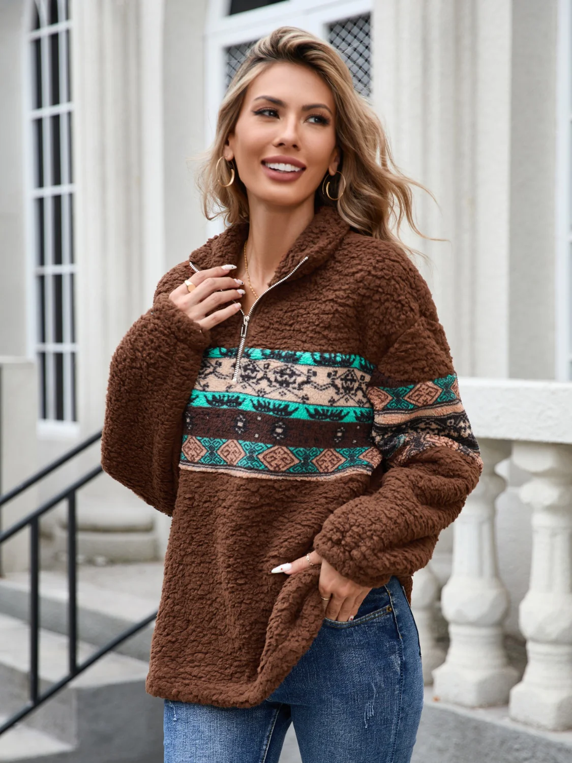Half Zip Long Sleeve Fuzzy Top - Image 4