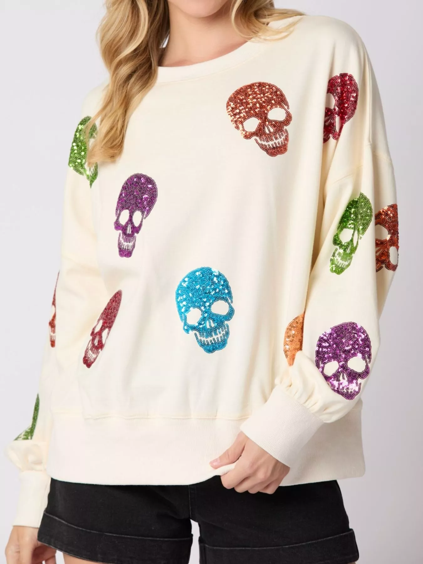 Halloween Colorful Skull Sequin Oversized Sweatshirt