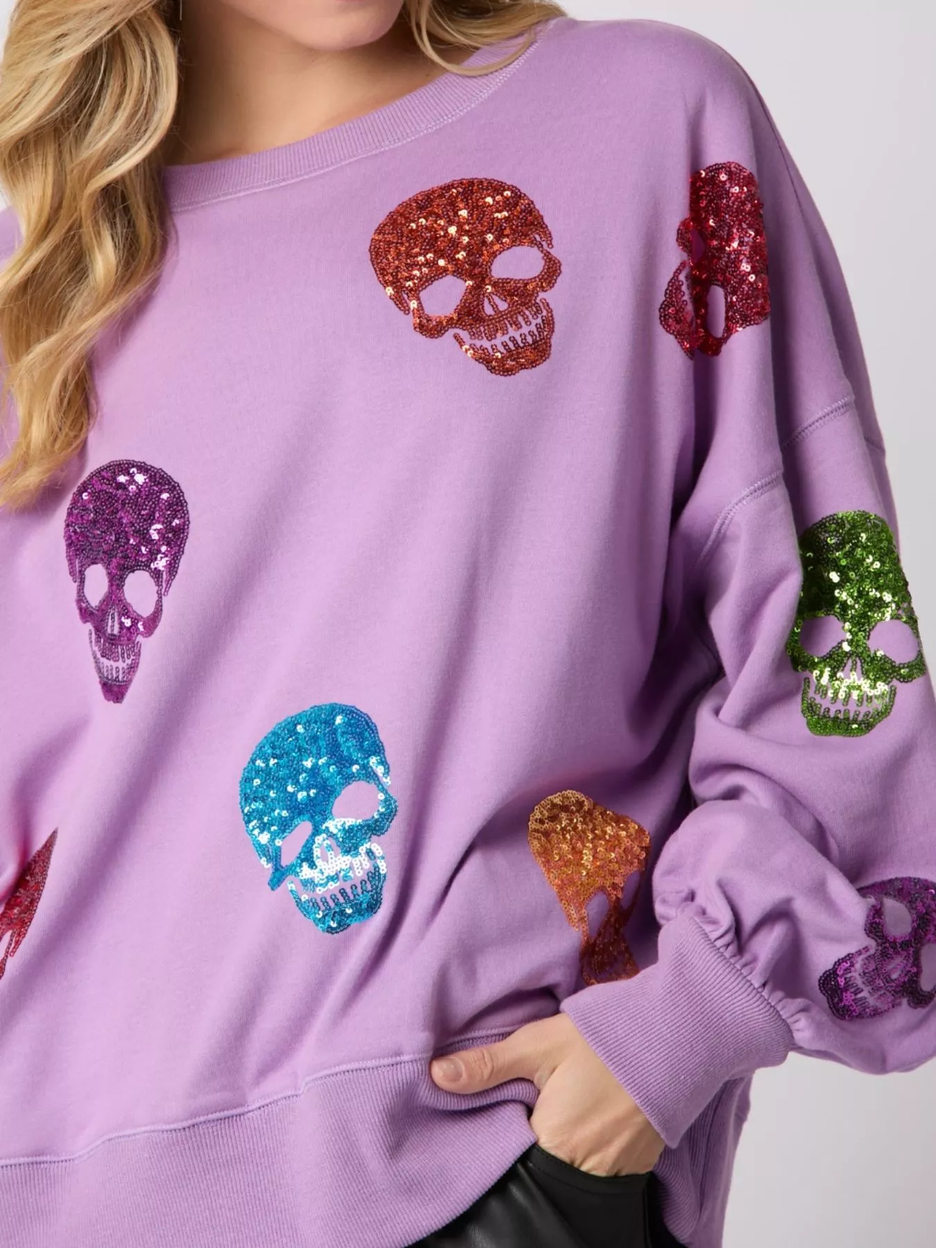 Halloween Colorful Skull Sequin Oversized Sweatshirt - Image 11