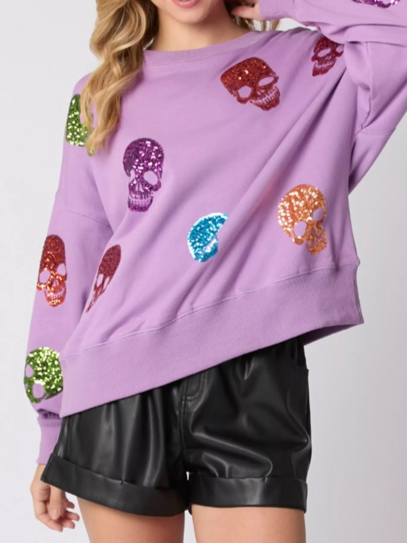 Halloween Colorful Skull Sequin Oversized Sweatshirt - Image 14