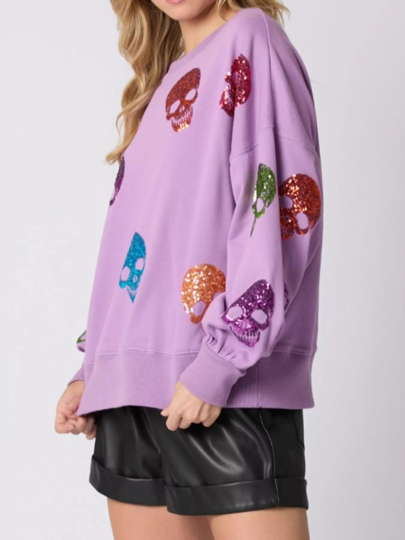 Halloween Colorful Skull Sequin Oversized Sweatshirt - Image 15