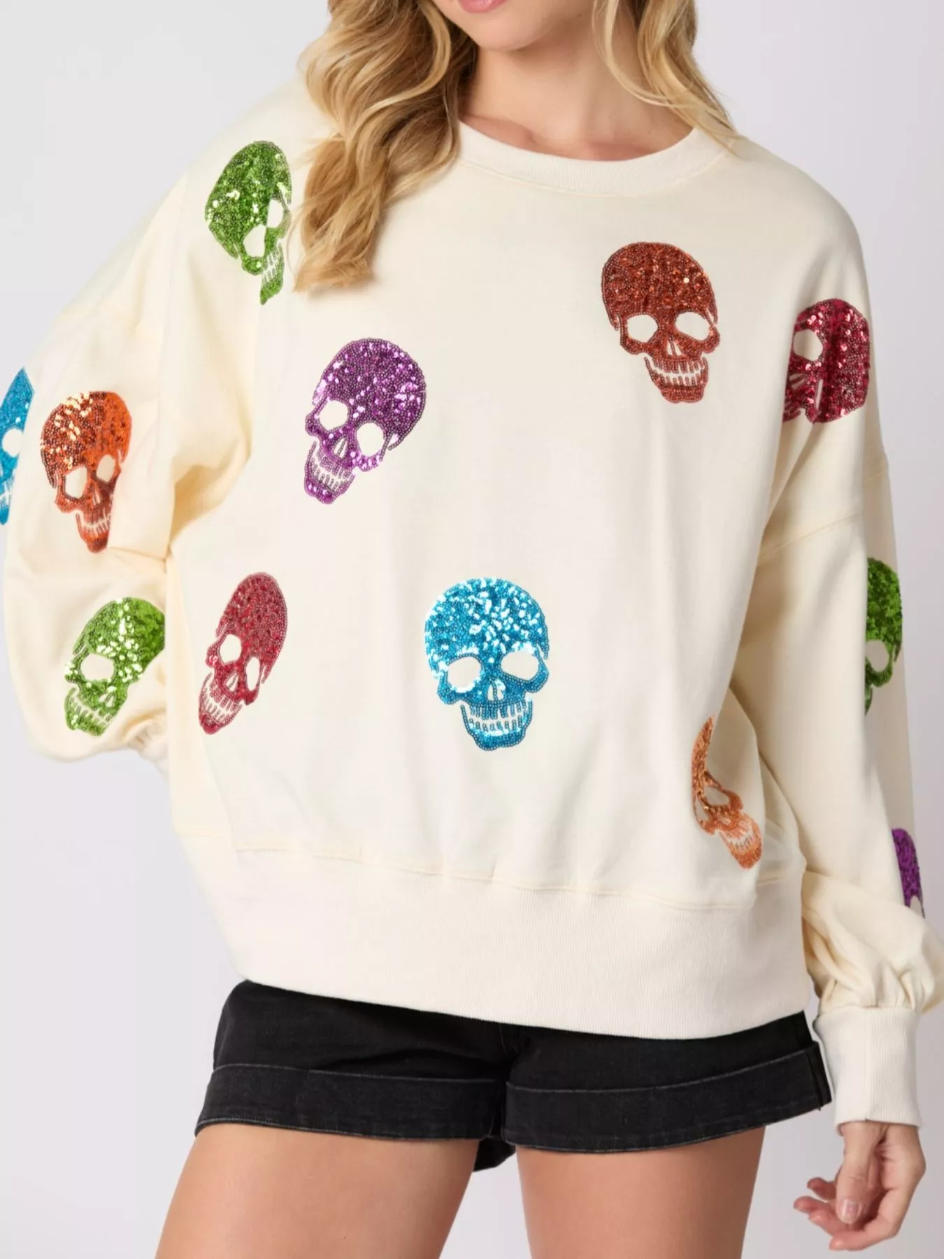Halloween Colorful Skull Sequin Oversized Sweatshirt - Image 2