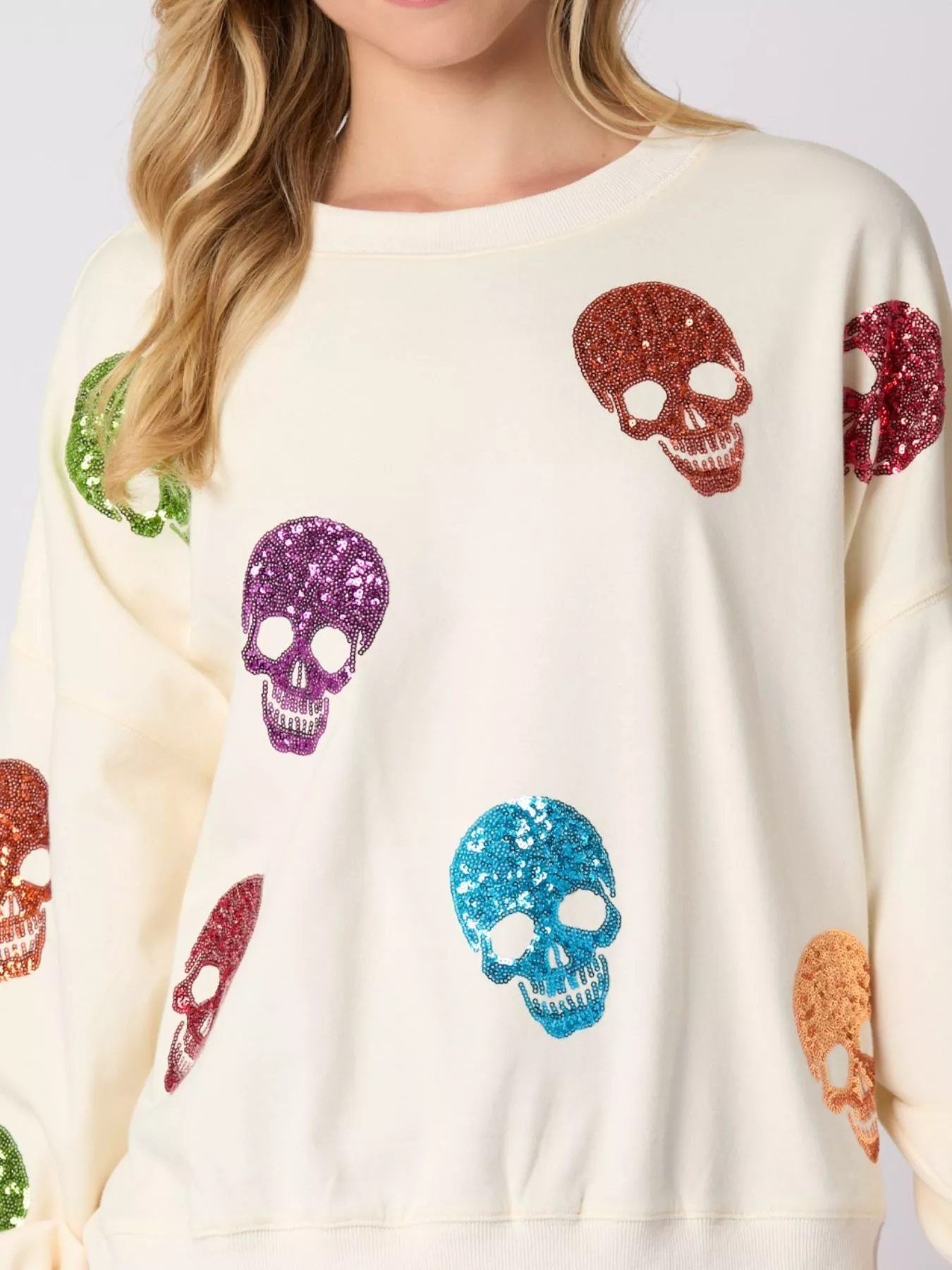 Halloween Colorful Skull Sequin Oversized Sweatshirt - Image 3