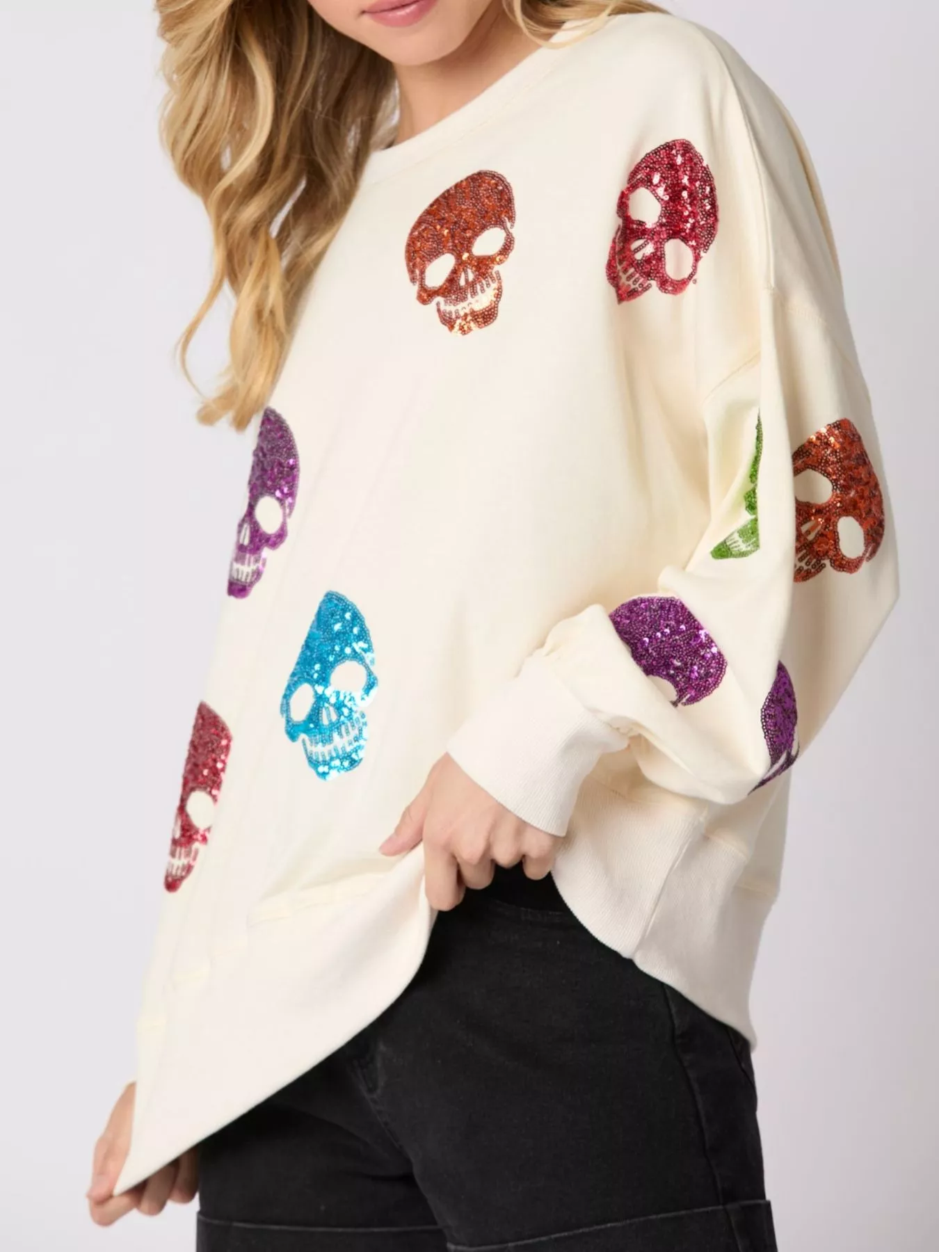 Halloween Colorful Skull Sequin Oversized Sweatshirt - Image 4