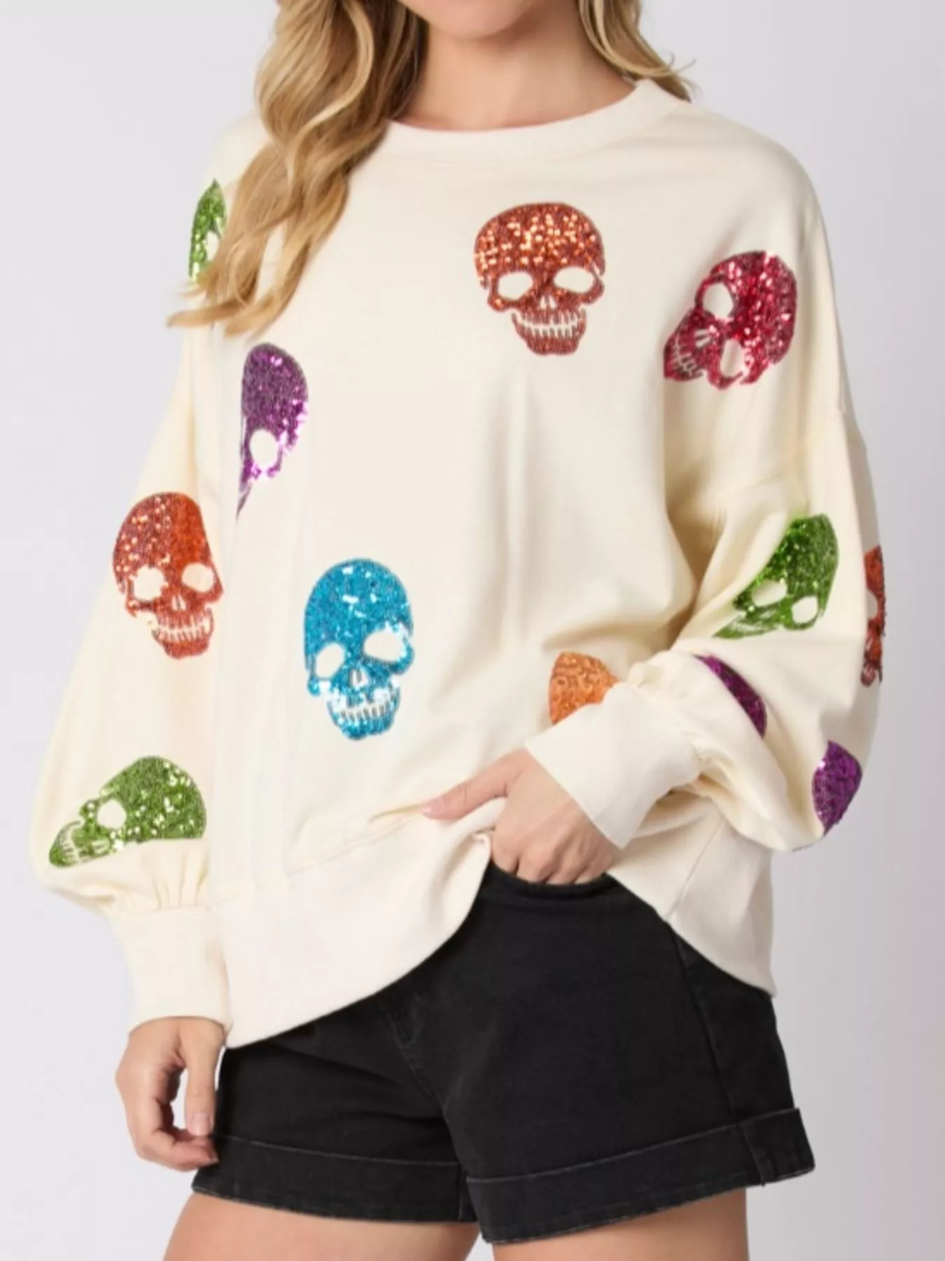 Halloween Colorful Skull Sequin Oversized Sweatshirt - Image 6