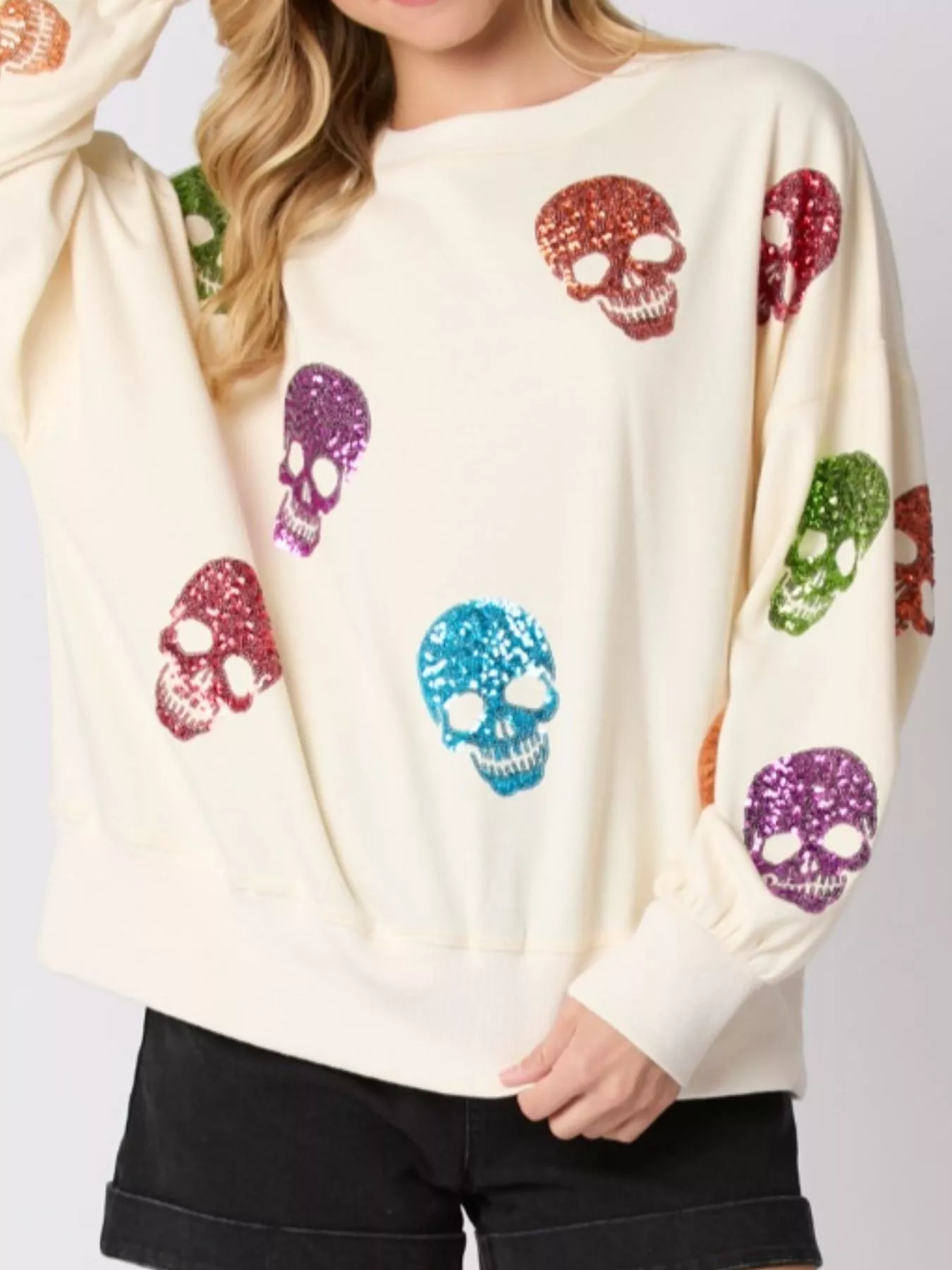 Halloween Colorful Skull Sequin Oversized Sweatshirt - Image 7