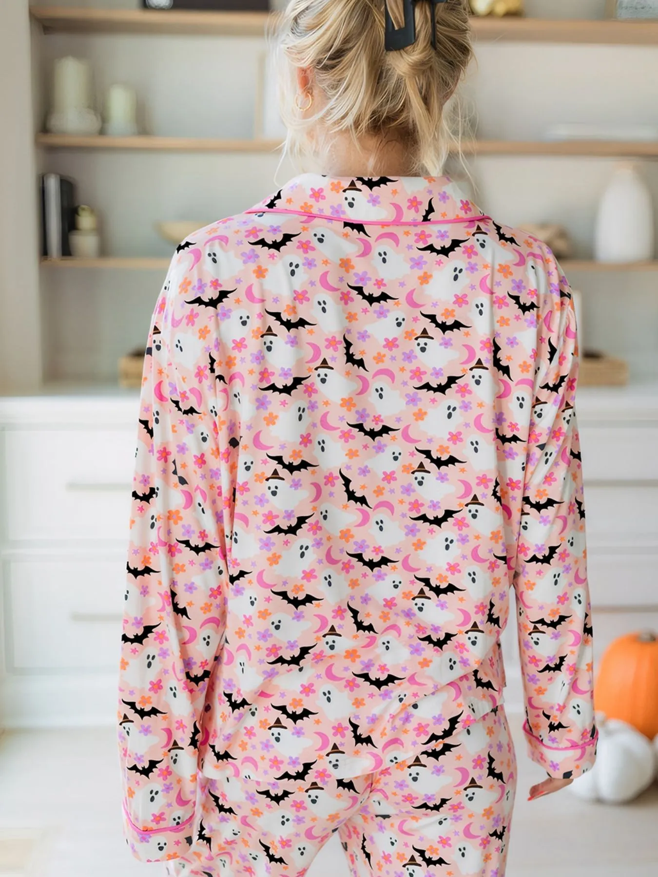 Halloween Ghost Print Button Up Top and Pants Lounge Set - Image 2