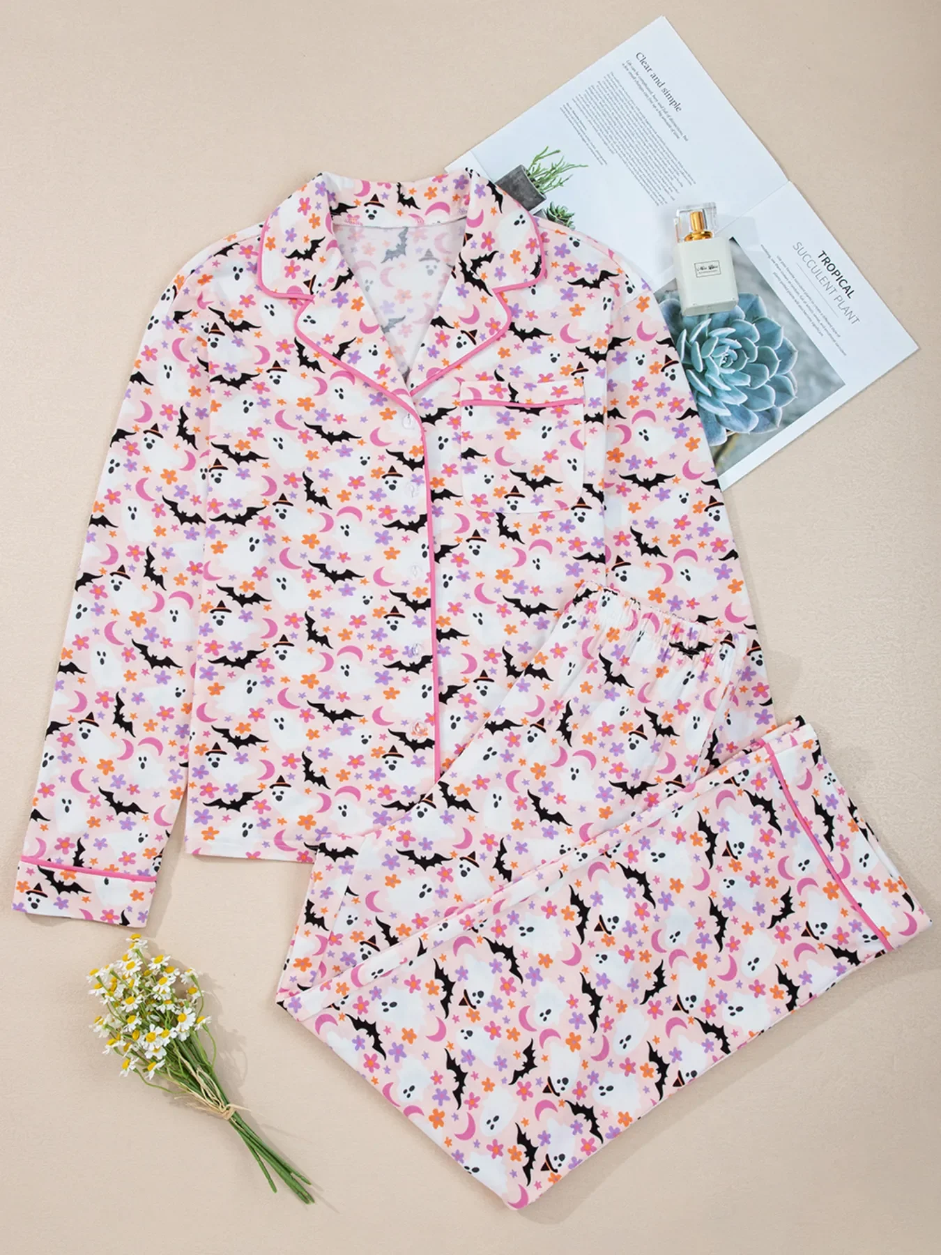 Halloween Ghost Print Button Up Top and Pants Lounge Set - Image 3
