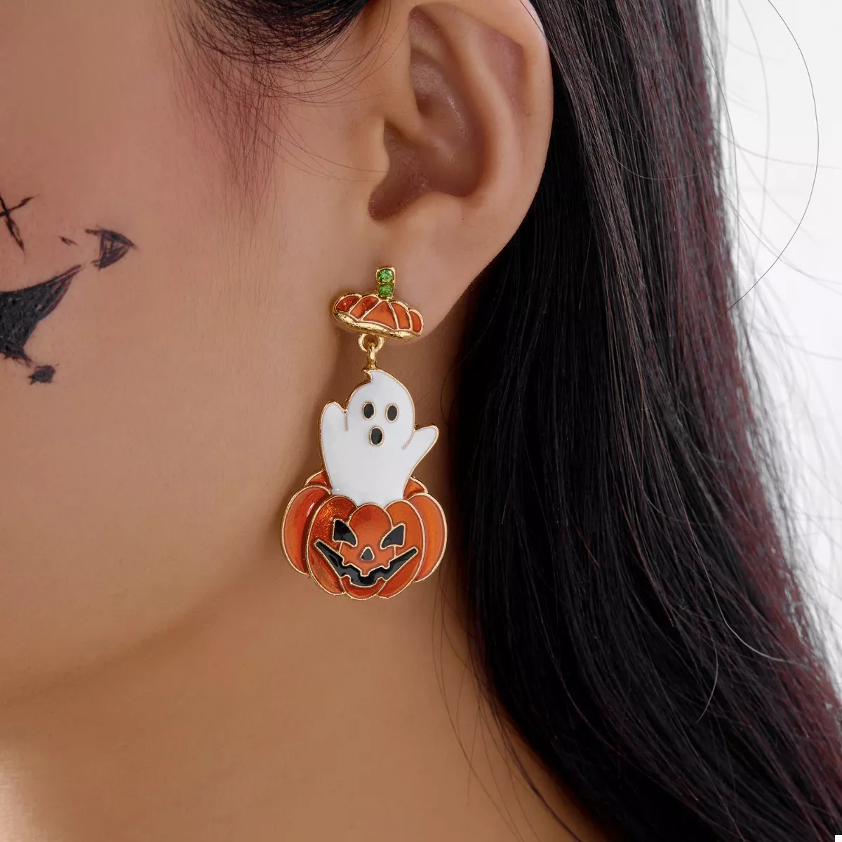 Halloween Ghost Pumpkin Dangle Earrings - Image 2