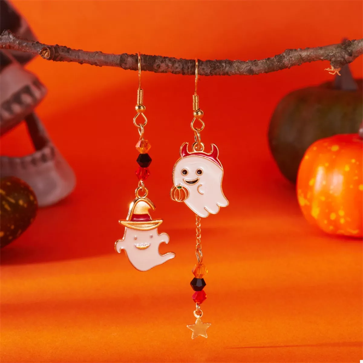 Halloween Ghost Pumpkin Drop Earrings - Image 3