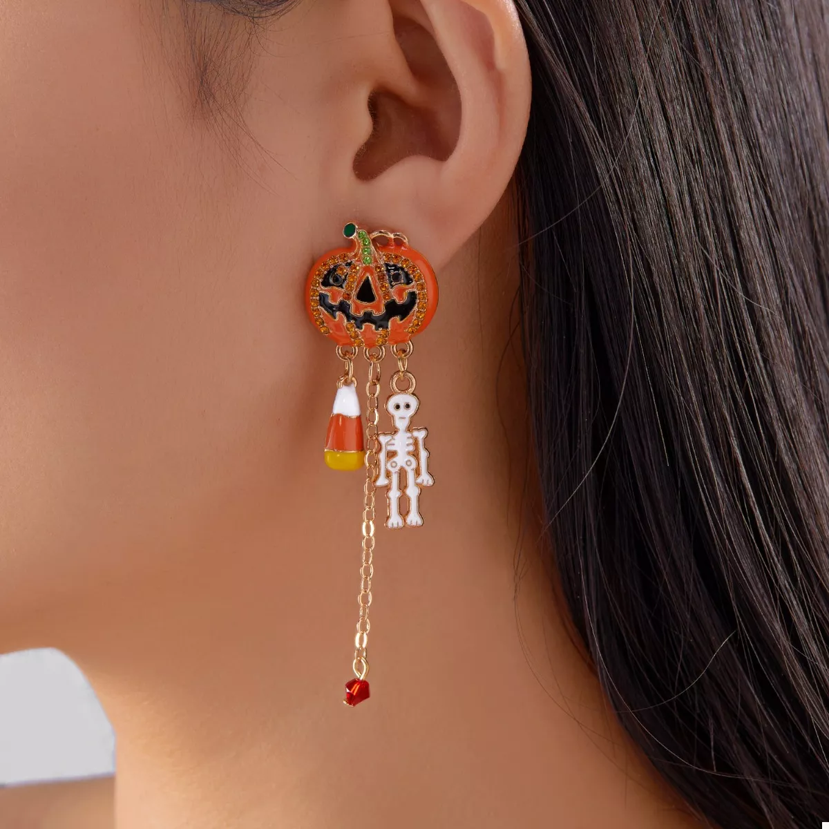 Halloween Pumpkin Drop Chain Earrings - Image 2