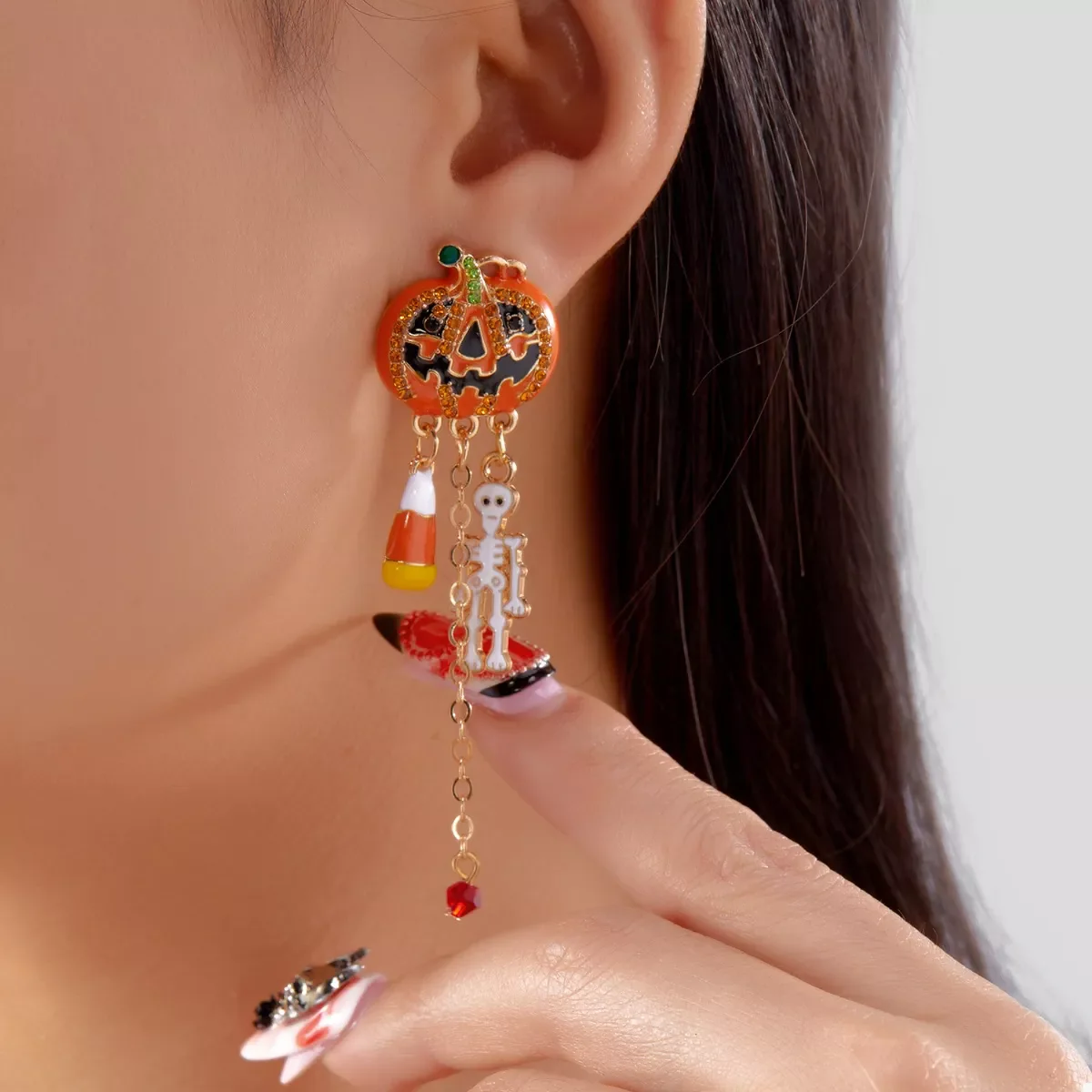 Halloween Pumpkin Drop Chain Earrings - Image 3