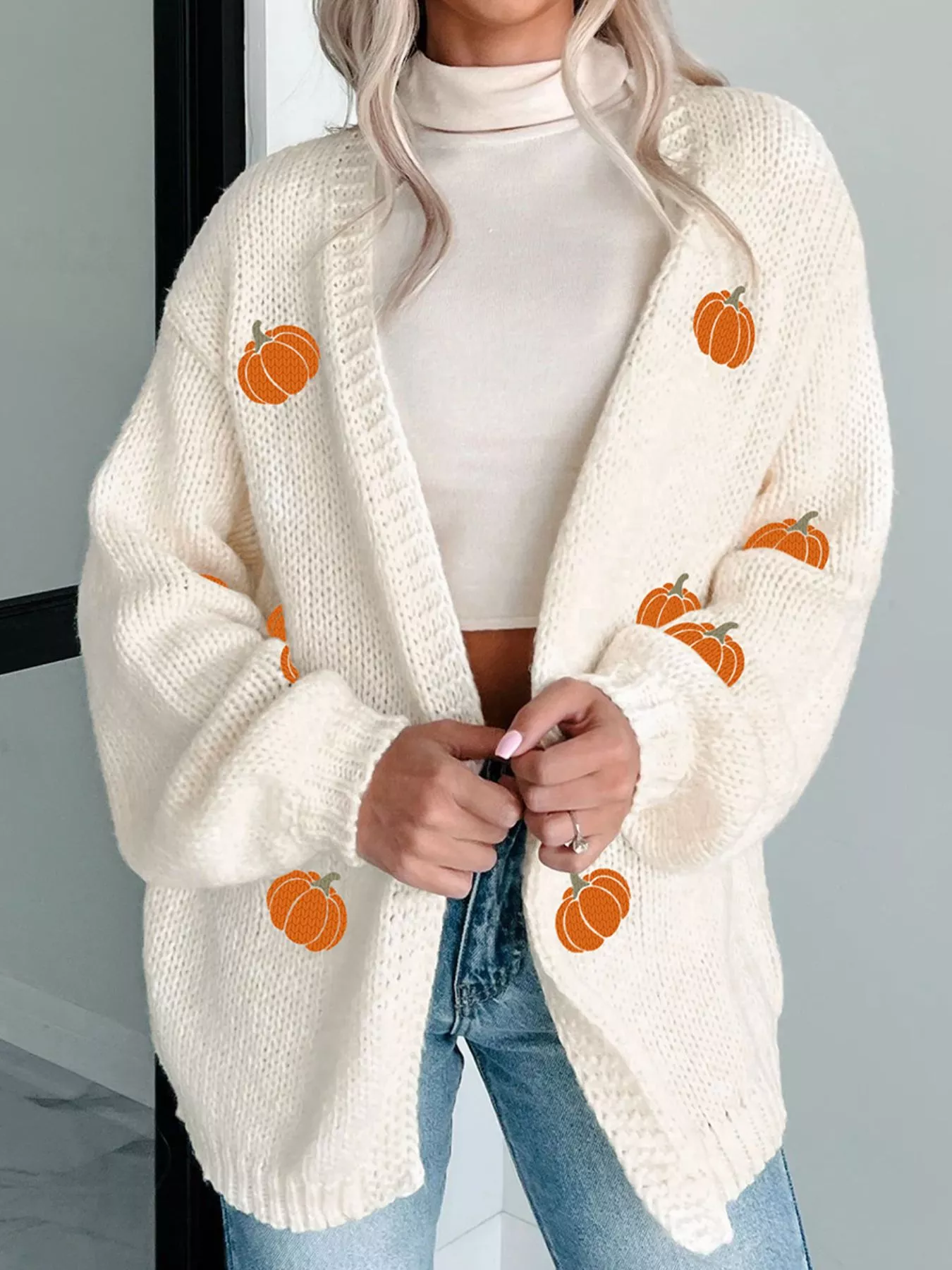 Halloween Pumpkin Embroidered Knit Cardigan - Image 3