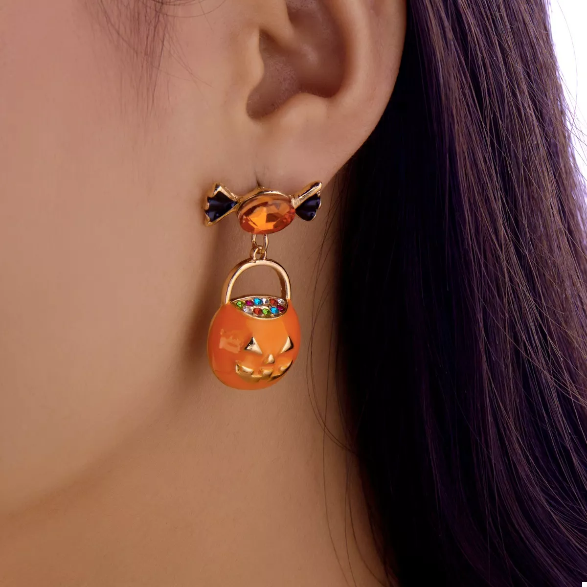 Halloween Rhinestone Pumpkin Dangle Earrings - Image 2