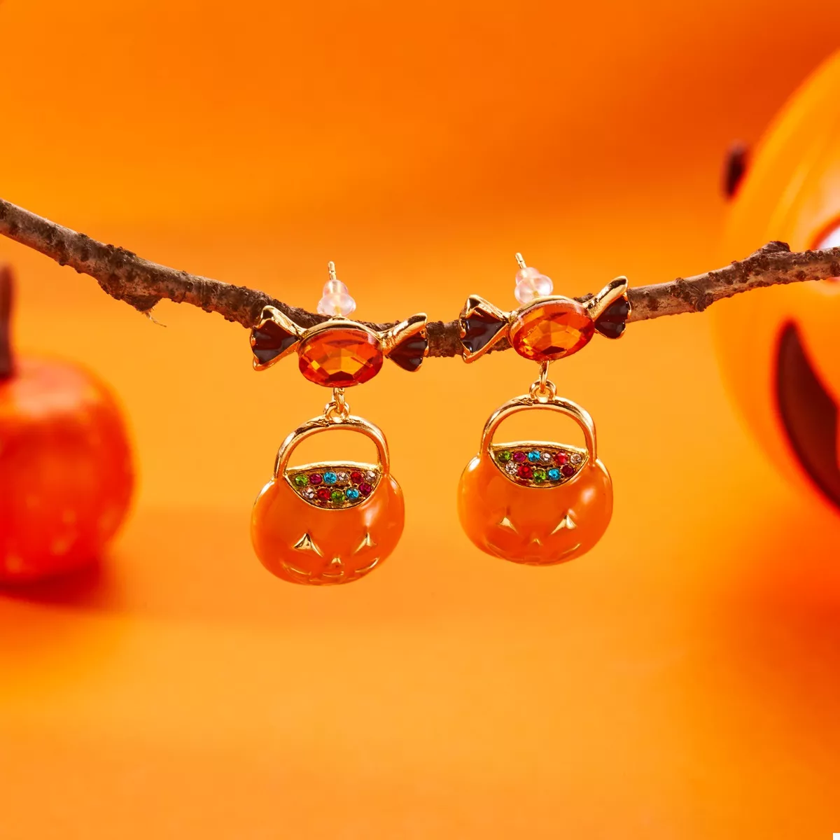 Halloween Rhinestone Pumpkin Dangle Earrings - Image 3