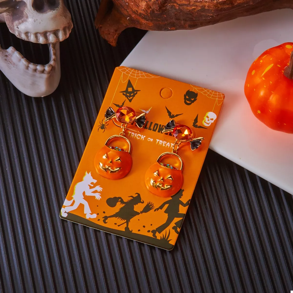 Halloween Rhinestone Pumpkin Dangle Earrings - Image 4
