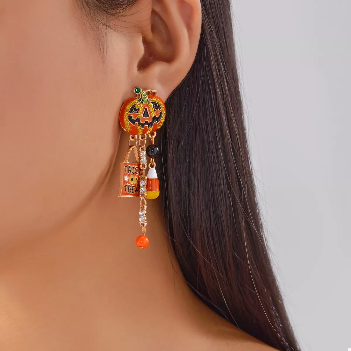Halloween Rhinestone Pumpkin Drop Earrings - Image 2