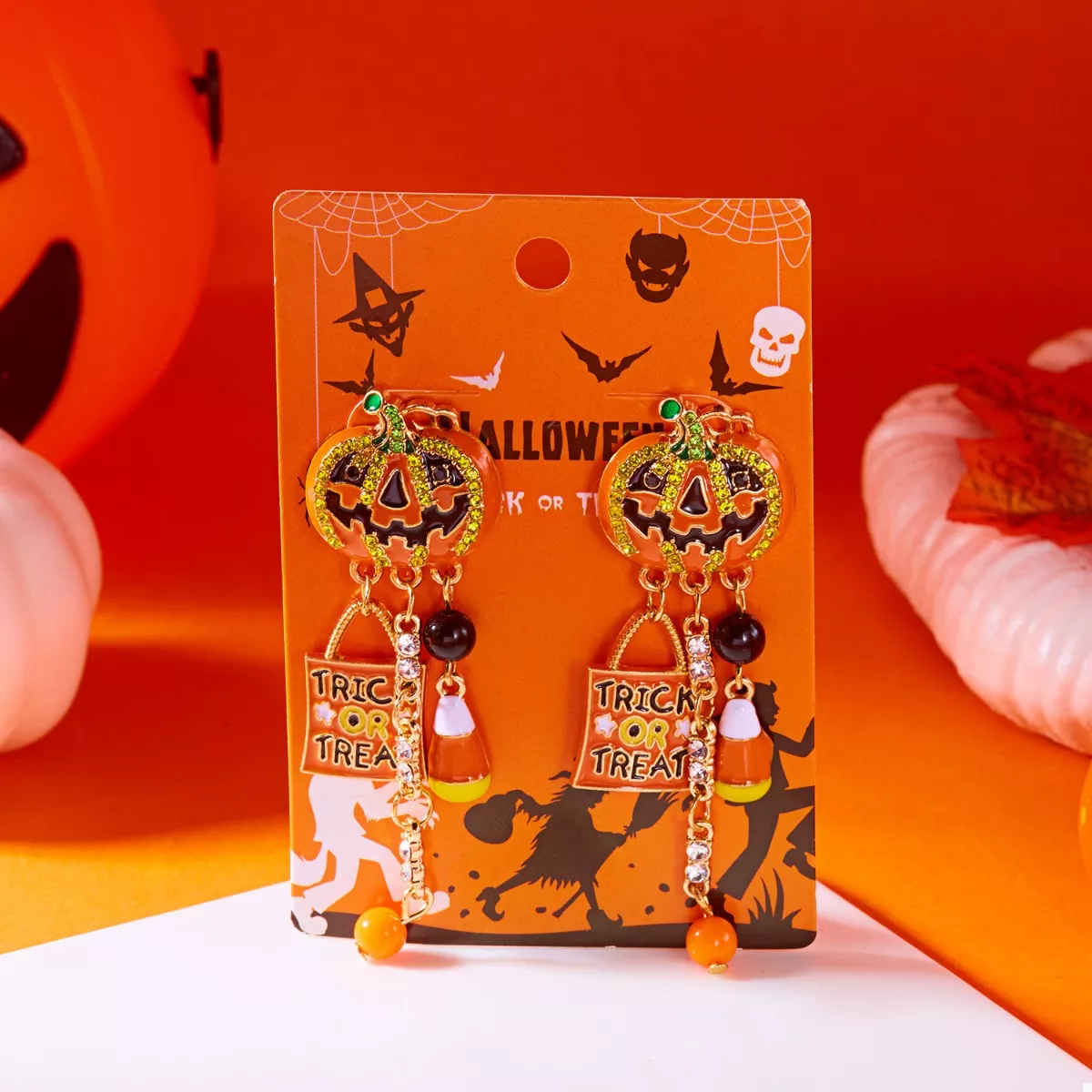 Halloween Rhinestone Pumpkin Drop Earrings - Image 3