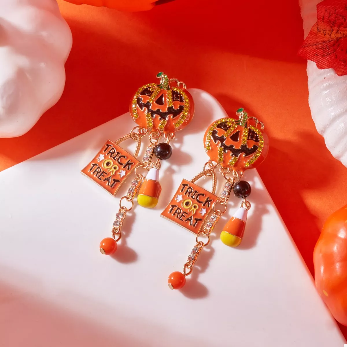 Halloween Rhinestone Pumpkin Drop Earrings - Image 4
