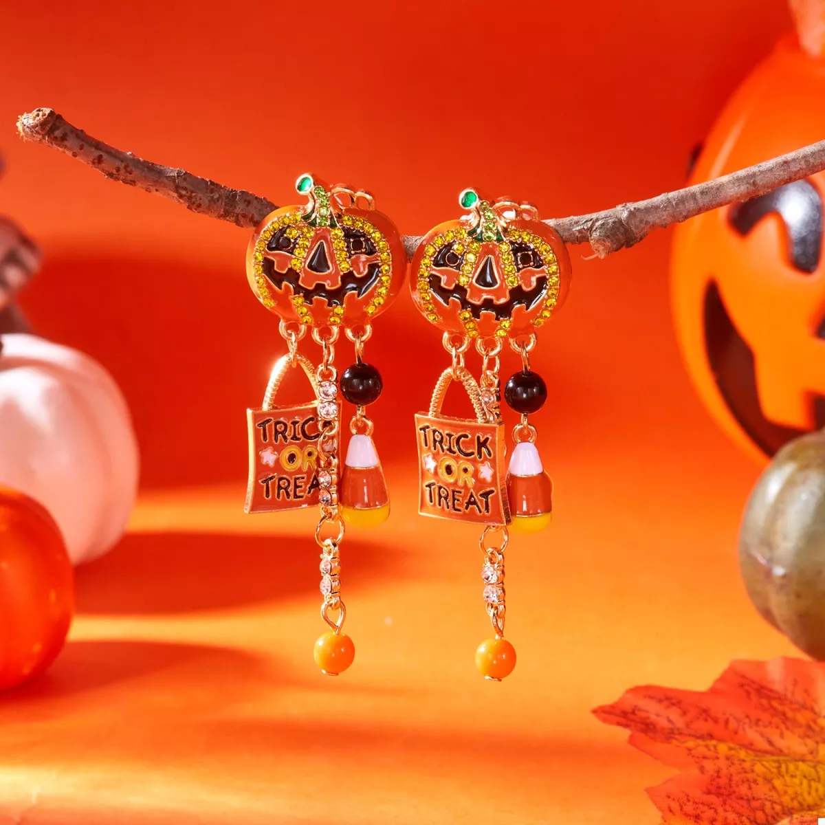 Halloween Rhinestone Pumpkin Drop Earrings - Image 5