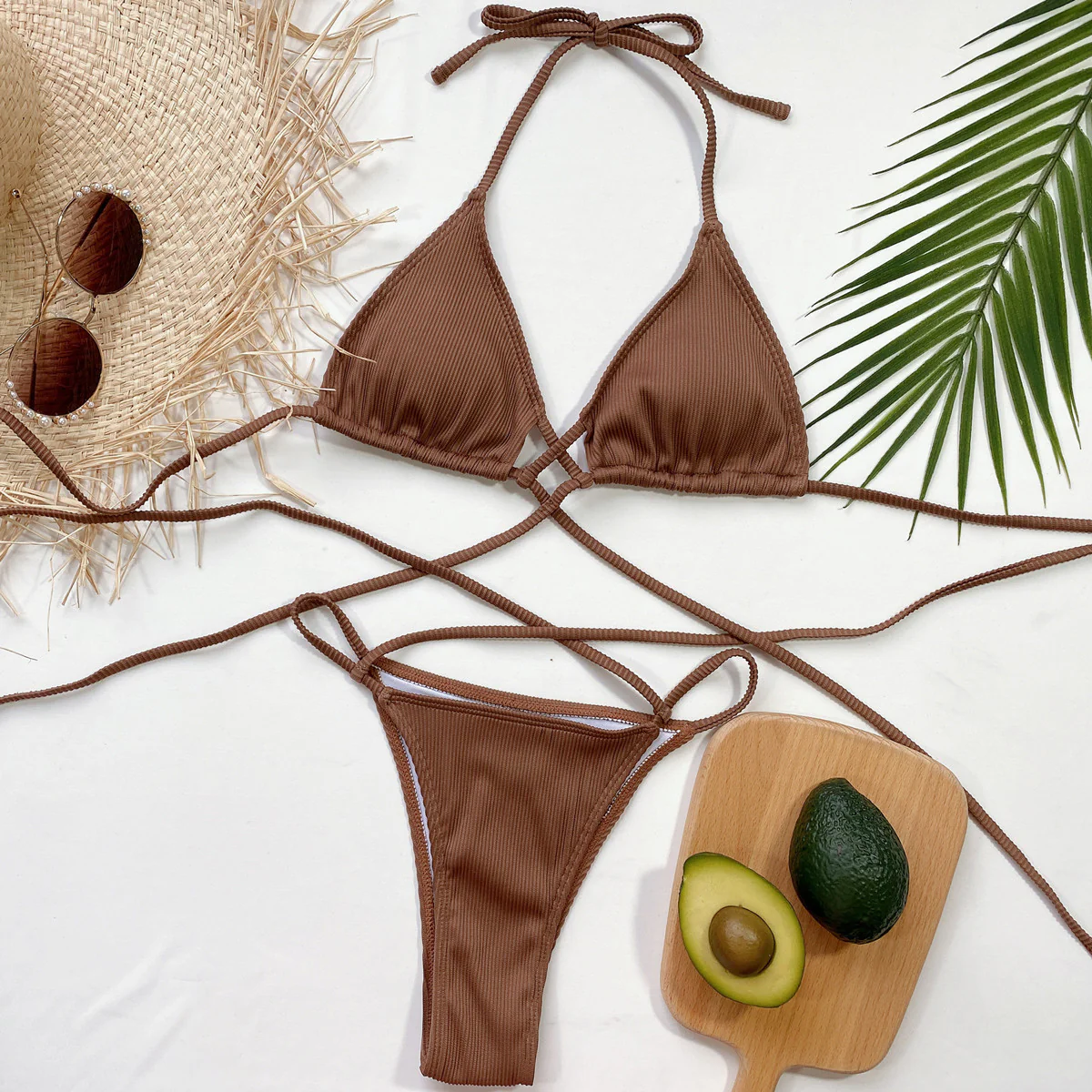 Halter Neck Crisscross Ribbed Bikini Set - Image 11