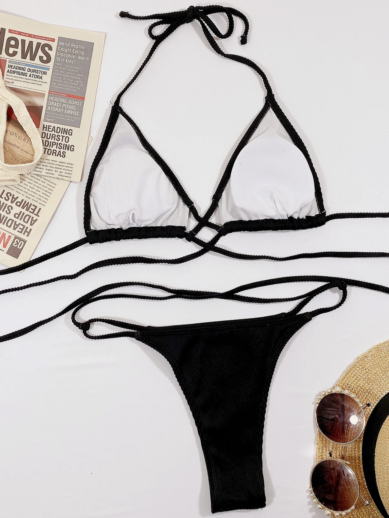 Halter Neck Crisscross Ribbed Bikini Set - Image 16