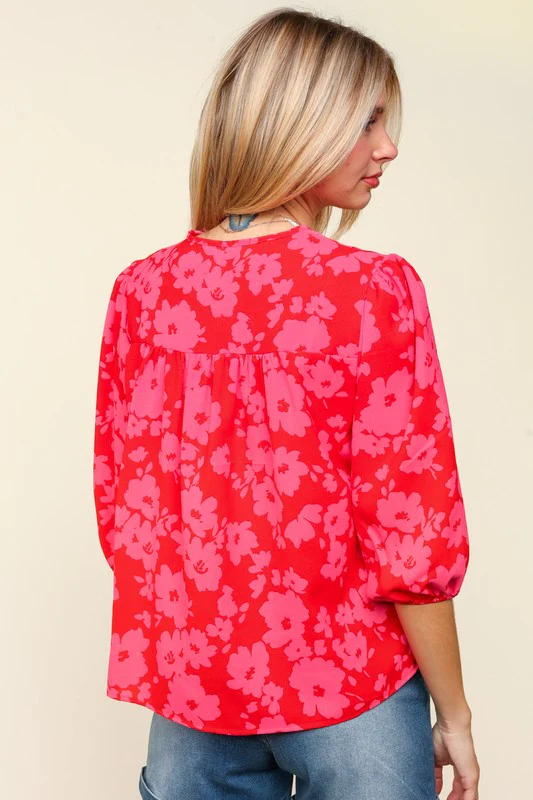 Haptics Full Size Ribbon Bow Floral Balloon Sleeve Blouse - Image 2