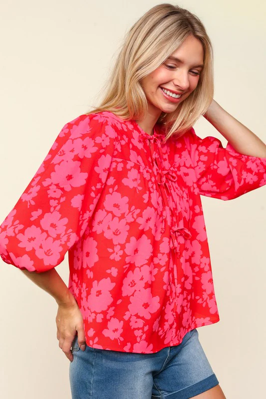 Haptics Full Size Ribbon Bow Floral Balloon Sleeve Blouse - Image 3