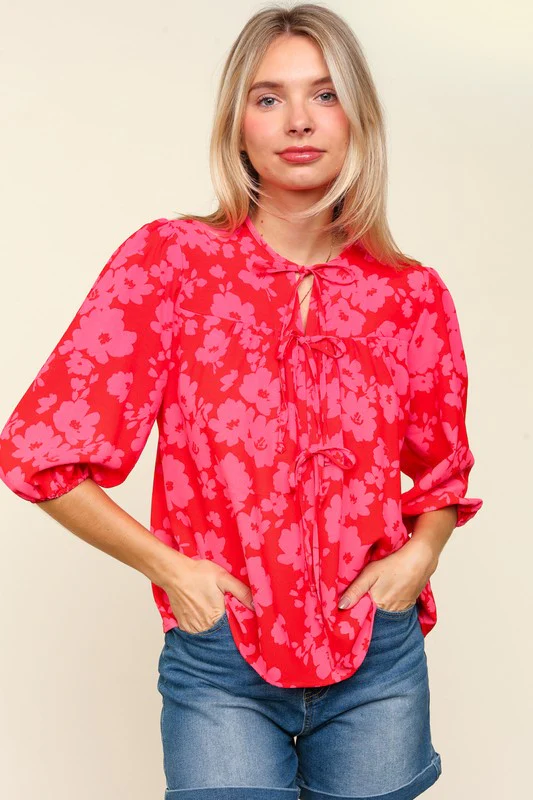 Haptics Full Size Ribbon Bow Floral Balloon Sleeve Blouse - Image 4