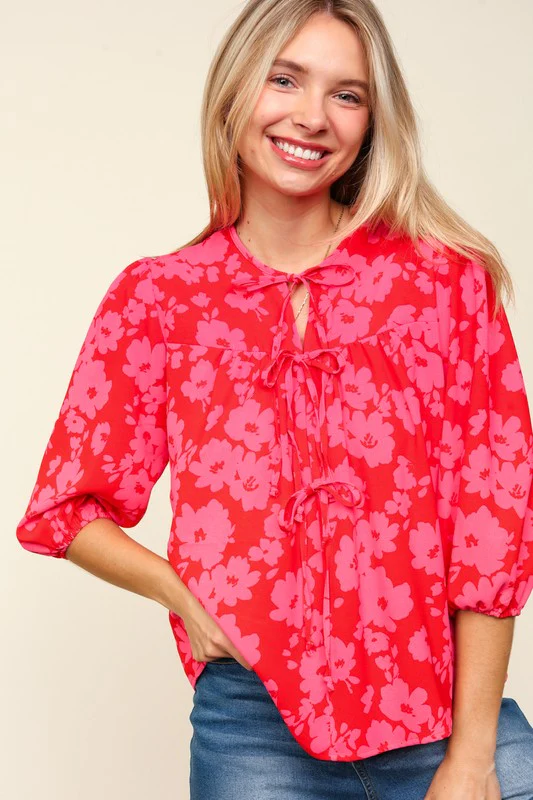 Haptics Full Size Ribbon Bow Floral Balloon Sleeve Blouse - Image 5