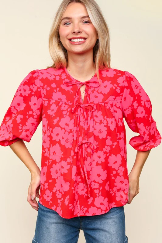 Haptics Full Size Ribbon Bow Floral Balloon Sleeve Blouse - Image 6